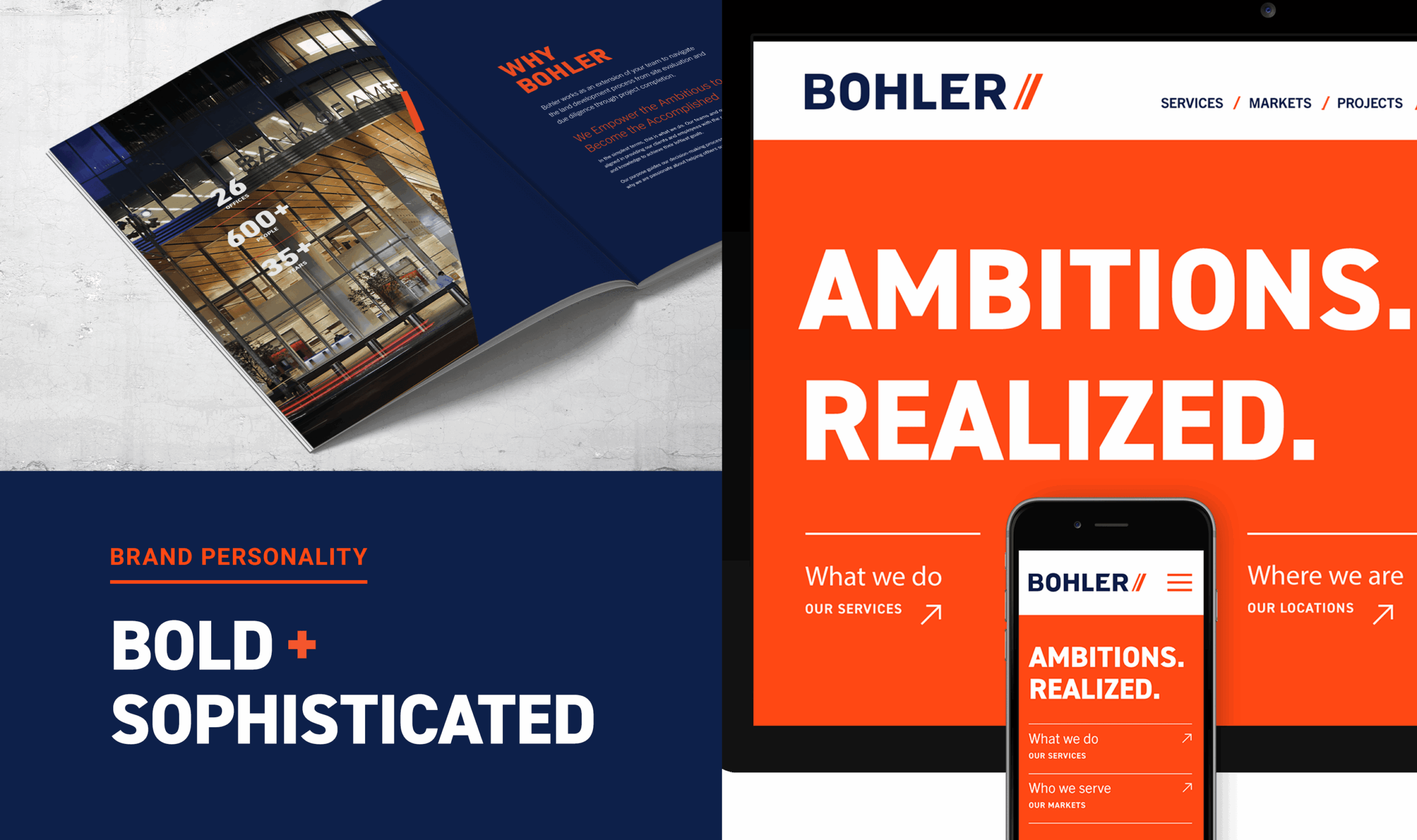 Open brochure with images and text about brand personality and ambitions, featuring bold colors and modern design.