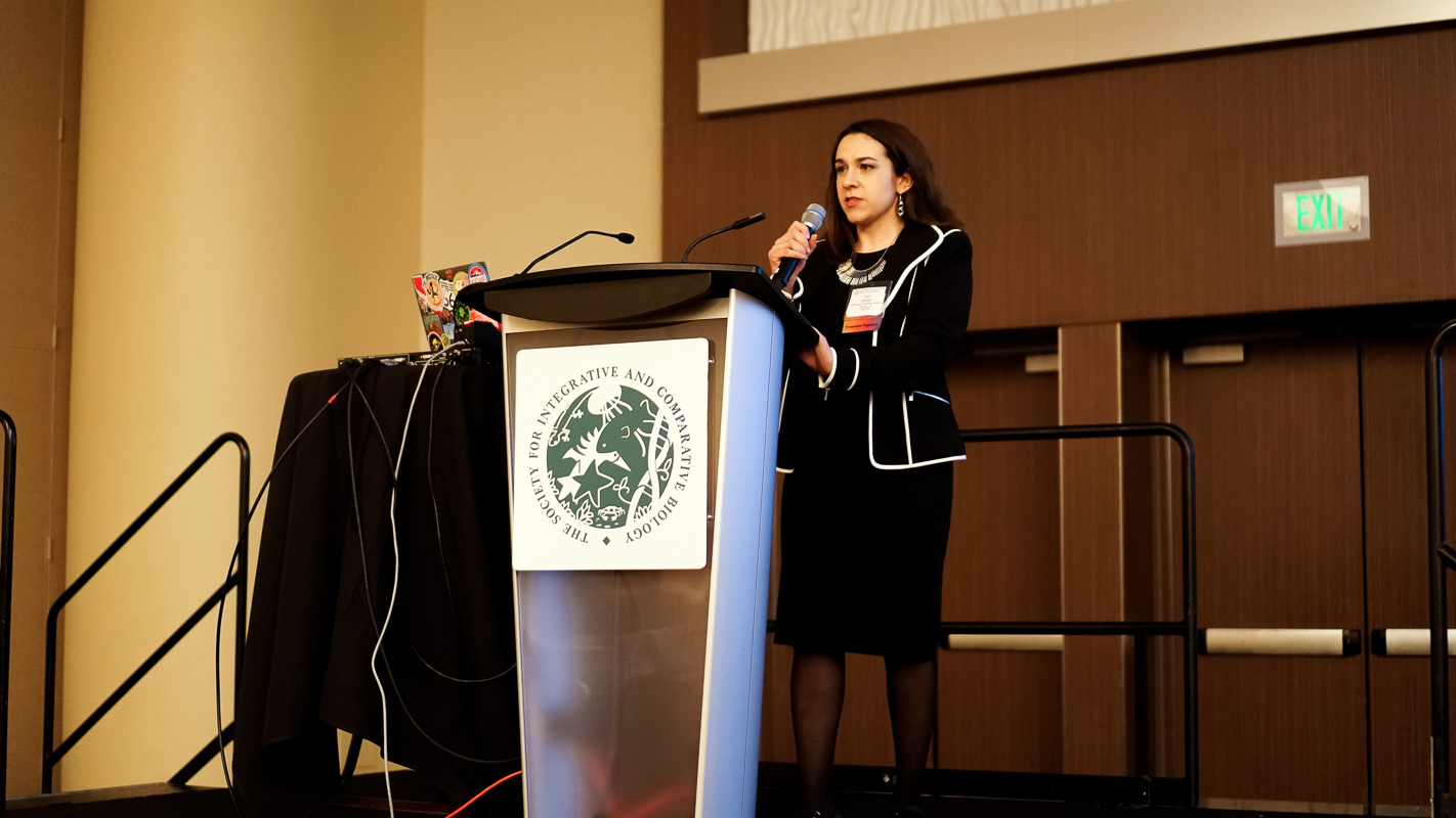A woman stands at a podium speaking into a microphone during a presentation or conference.