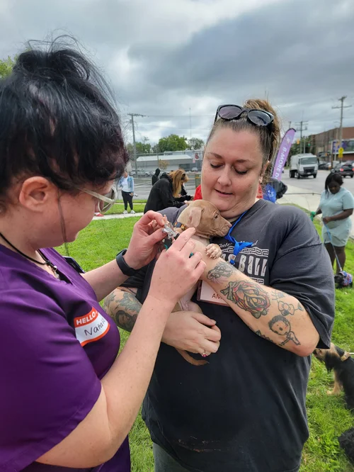Two women holding a small puppy outdoors, with people and cars in the background, on a cloudy day.