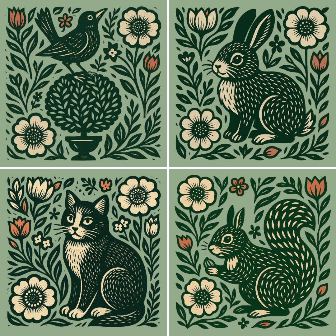 Four square illustrations of animals with floral backgrounds: bird, rabbit, cat, and squirrel, all in green, cream, and orange colors.