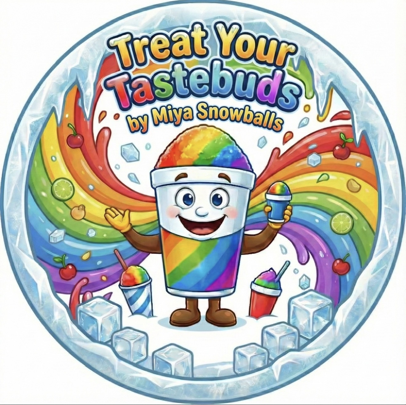 Colorful cartoon cup character with rainbow colors, smiling, holding an ice cream, surrounded by rainbow splash and ice cubes.