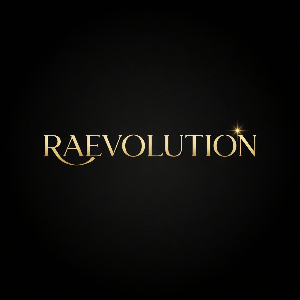 Text reads 'RAEVOULTION' in gold on a black background, with a star-like sparkle on the letter 'I'.
