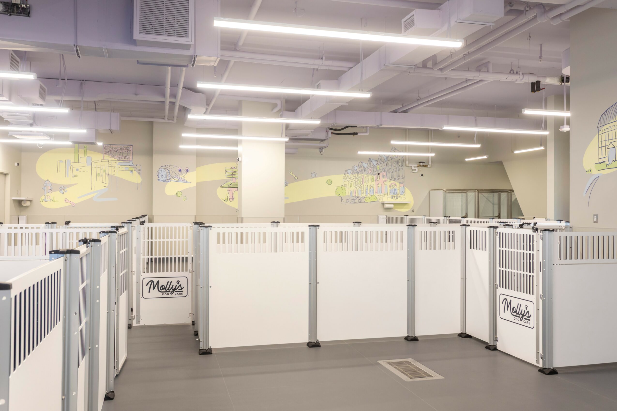 Indoor space with white barriers, ceiling lights, and wall decorations, possibly a pet or event area.