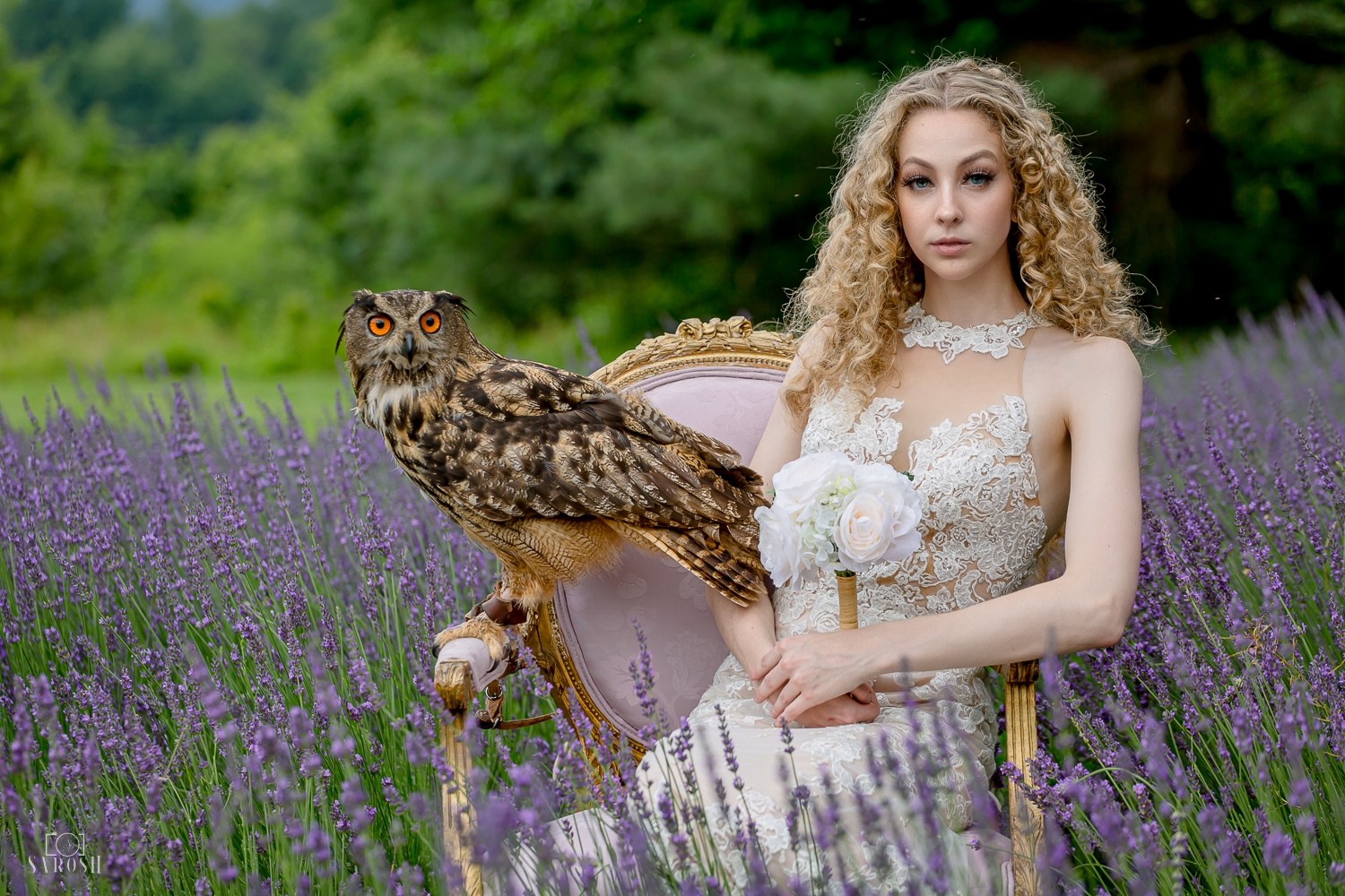 Young woman with curly blonde hair in a white dress holding a bouquet in a lavender field with an owl nearby.