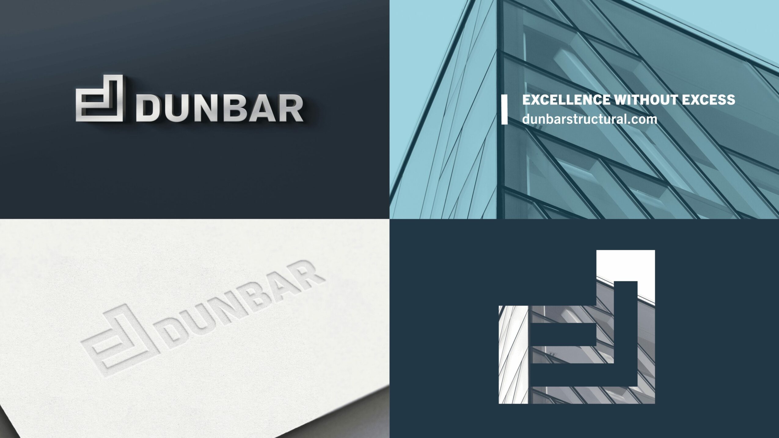 Four quadrants: Dunbar logo, building with text, embossed logo, abstract geometric design.