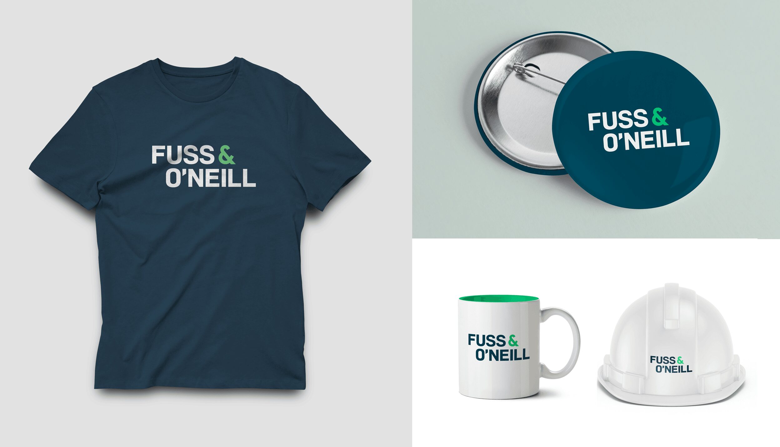 Collection of merchandise including a navy T-shirt, round pin, mug, and cap with FUSS & O'NEILL branding.