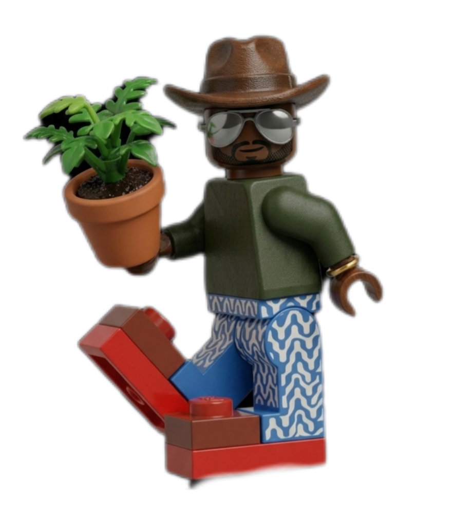 Lego figure with a hat, sunglasses, holding a potted plant, wearing patterned pants and red shoes, against a black background.