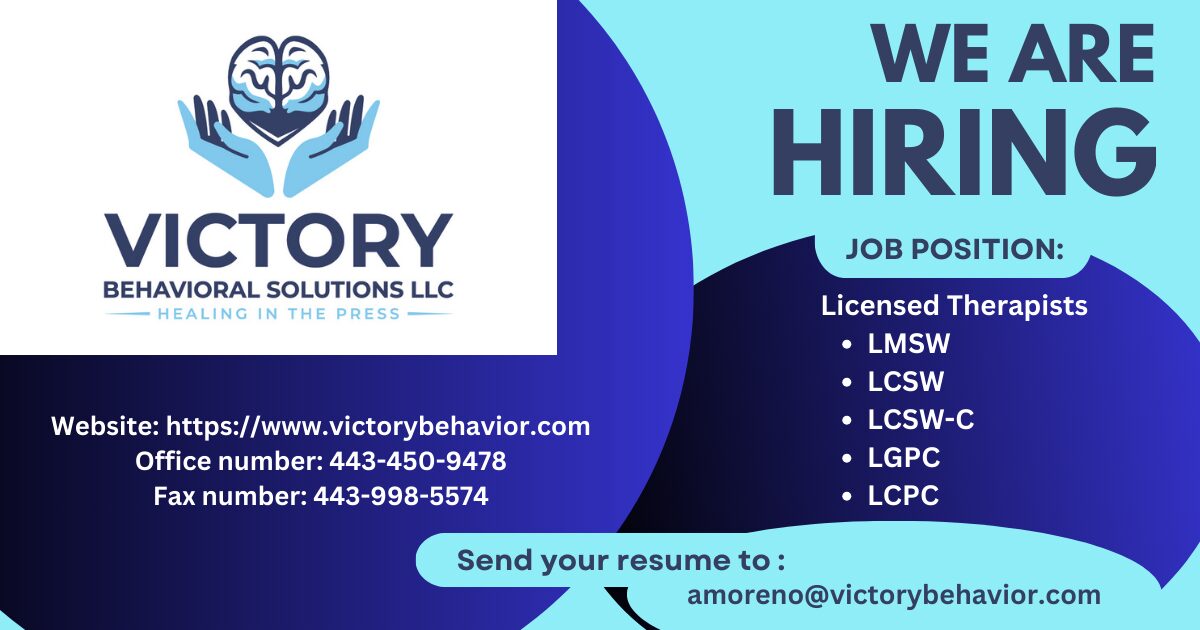 Victory Behavioral Solutions LLC hiring ad with logo, website, contact info, and list of licensed therapist positions.