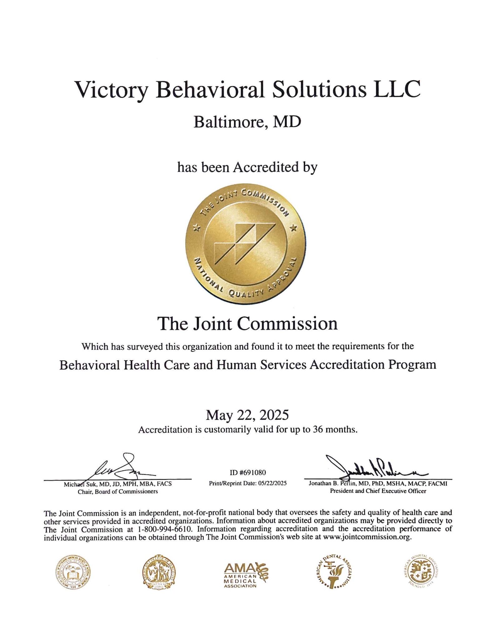 Certificate of accreditation from Victory Behavioral Solutions LLC, Baltimore, MD, awarded by The Joint Commission, dated May 22, 2025.