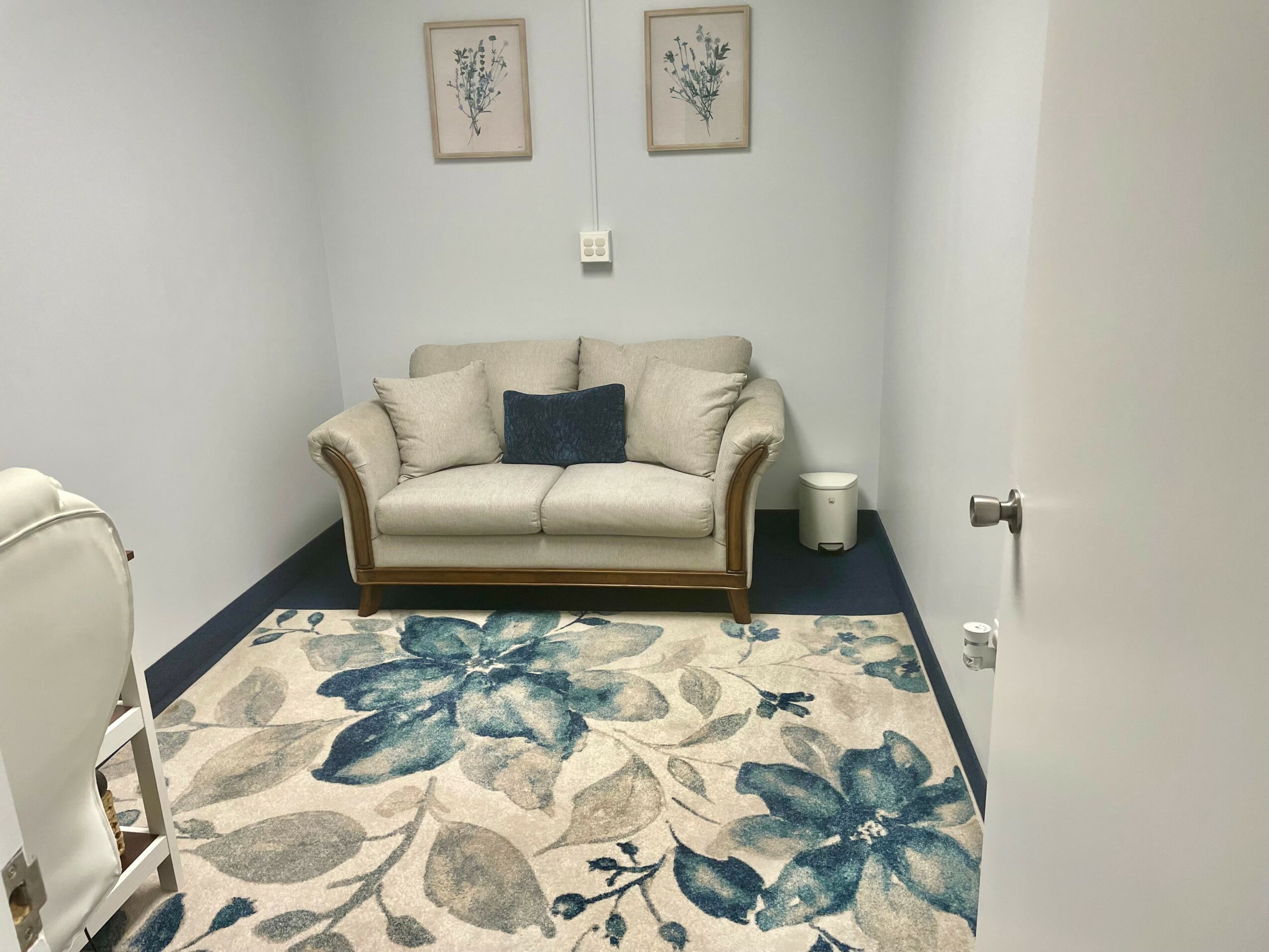 A beige sofa with two cushions in a room with light blue walls, two framed botanical prints, and a floral rug.