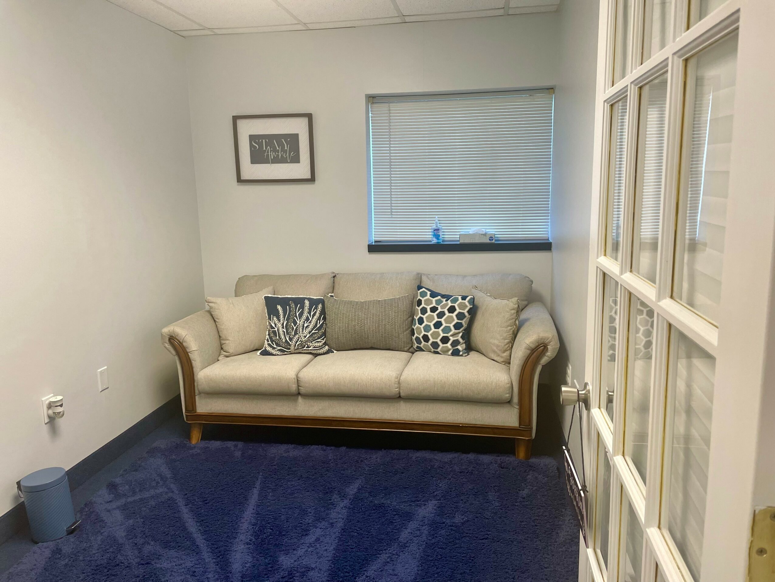 Living room with a beige sofa, patterned pillows, window with blinds, framed picture, blue carpet, and white walls.