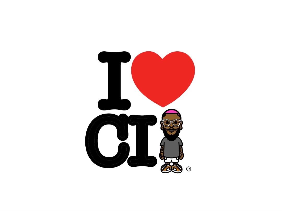 Graphic with text 'I', a red heart, 'CI', and a cartoon character with glasses, a beard, and a pink headband.