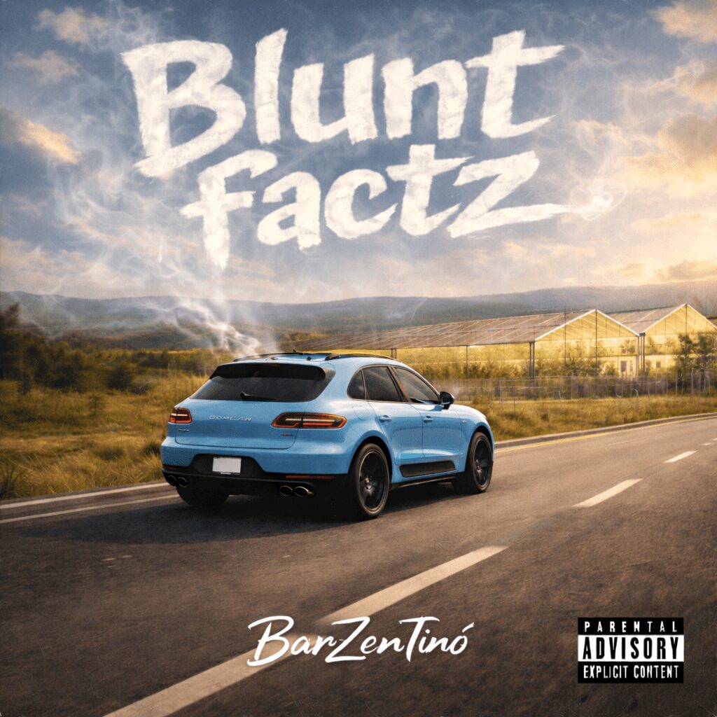Blue car driving on a road with a cloudy sky and green fields in the background, with text 'Blunt factz' in the sky.