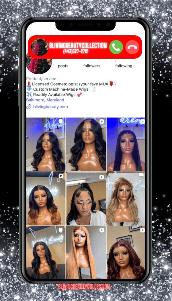Smartphone screen displaying a social media profile with multiple images of women with different hairstyles and makeup.