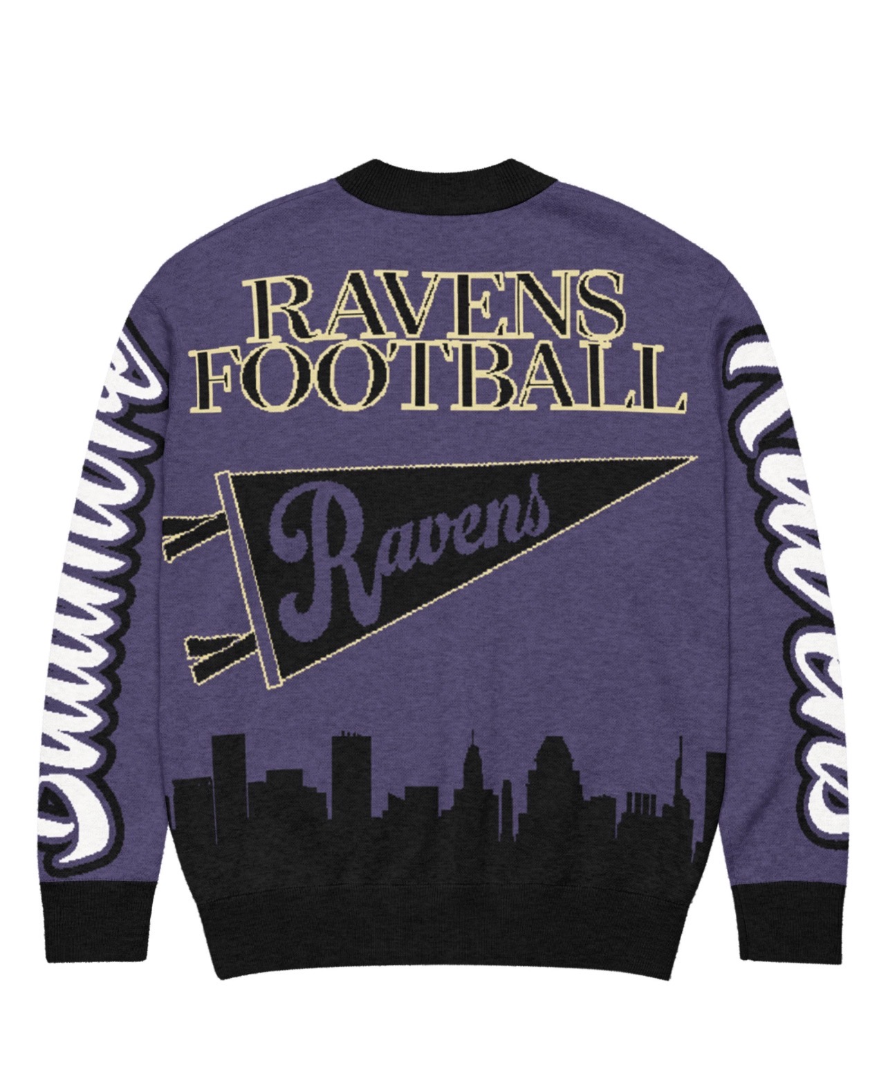 Purple sweatshirt with black and white text and graphics, including a city skyline and a pennant with 'Ravens' on it.