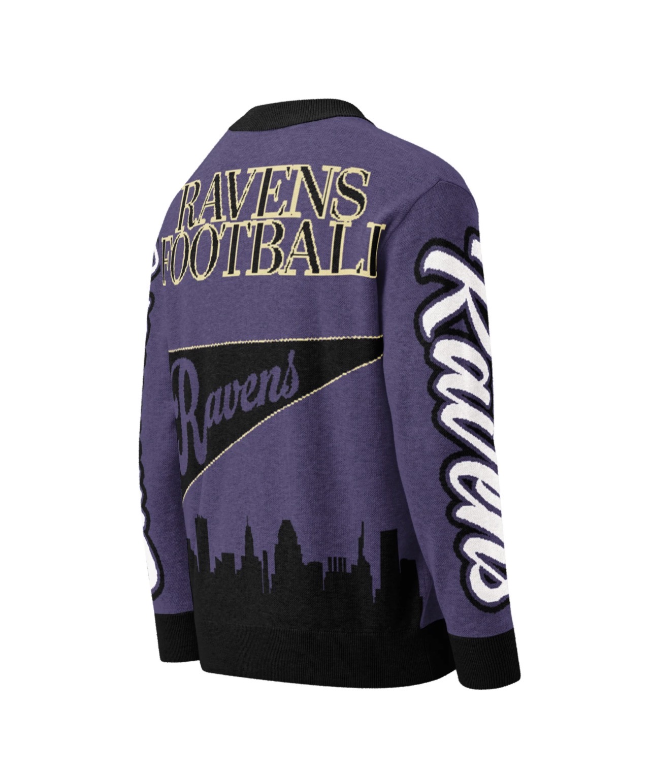 Purple Ravens football jacket with black and white lettering and city skyline graphic, viewed from the back.
