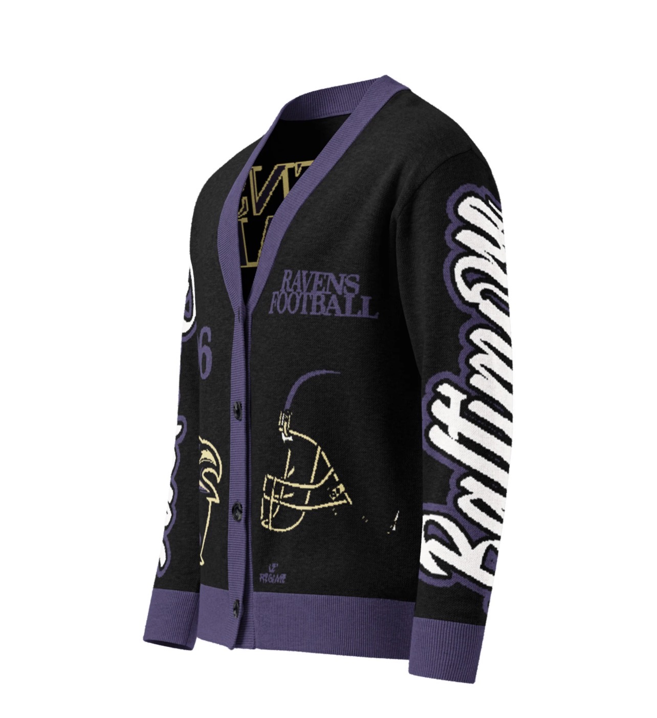 Black cardigan with purple accents, Ravens Football logo, and Baltimore text, featuring a football helmet graphic, front view.