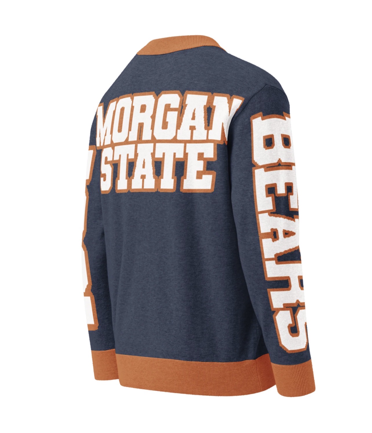 Back of a navy blue and orange varsity jacket with 'MORGAN STATE' and 'BEARS' text, viewed from behind.