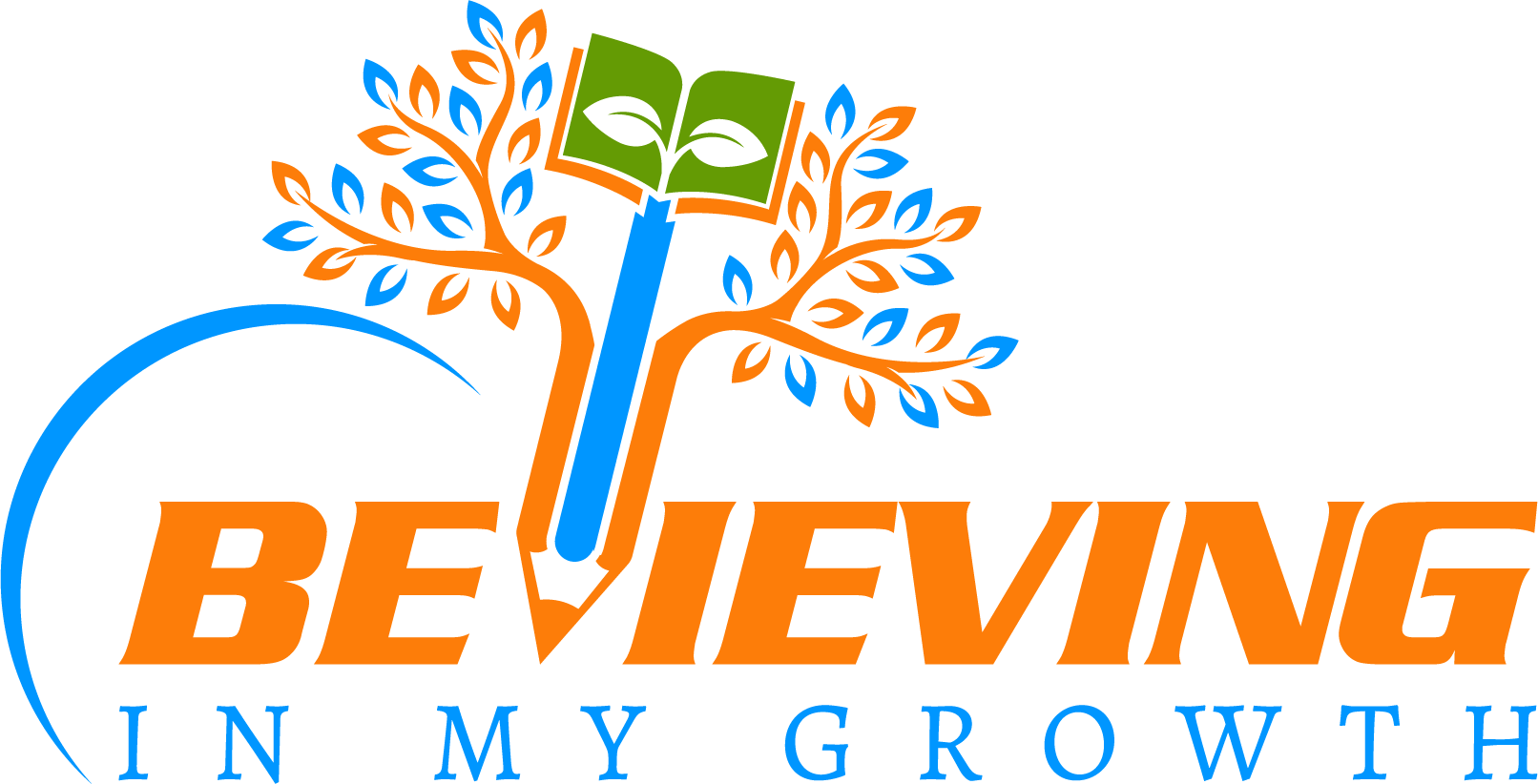 A logo with a tree, open book, and the words 'BE VIEWING IN MY GROWTH' in orange and blue.