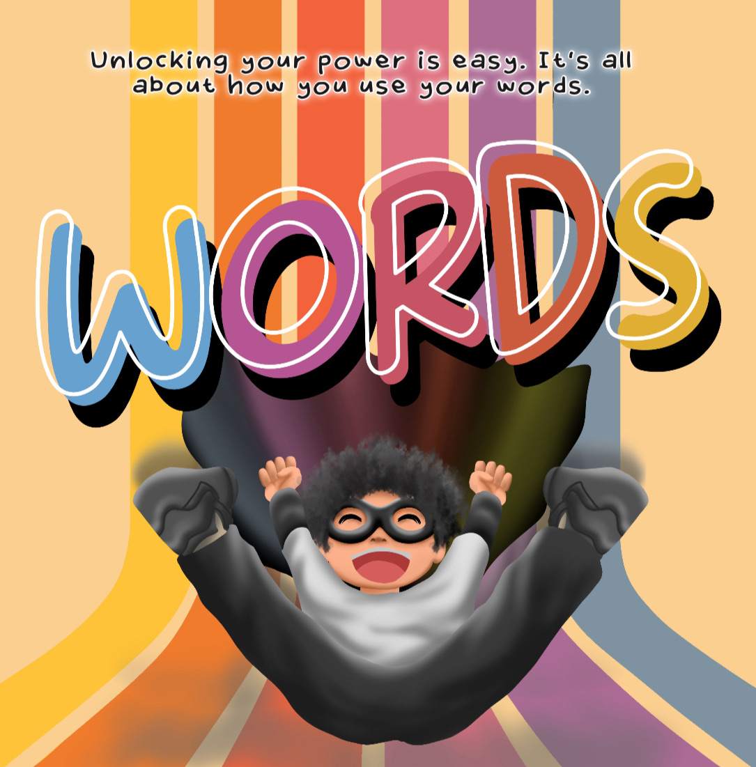 Child with glasses and curly hair falling into a colorful hat, smiling, with text about unlocking words, 20 words, confidence 0.9