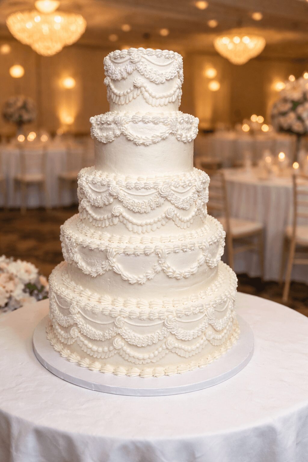 Six-tier wedding cake with intricate white icing decorations, set on a table in an elegant reception hall with chandeliers.