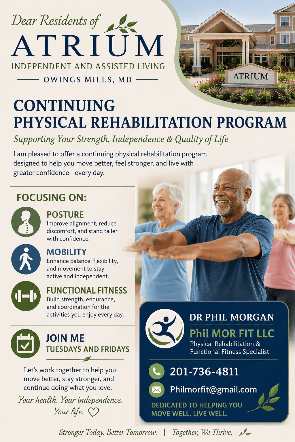 Poster for ATRIUM independent and assisted living, featuring a smiling man in a blue shirt pointing, with a building and residents in the background.