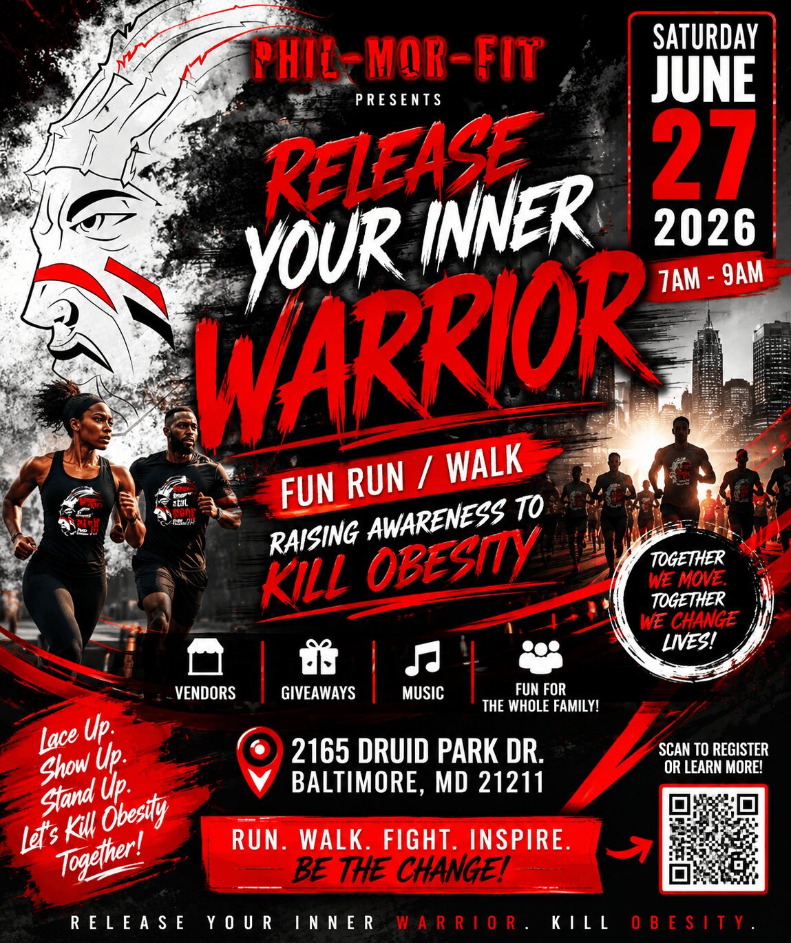 Event poster for 'Release Your Inner Warrior' with a dragon illustration, date June 27, 2026, and details about fun run, walk, and awareness.