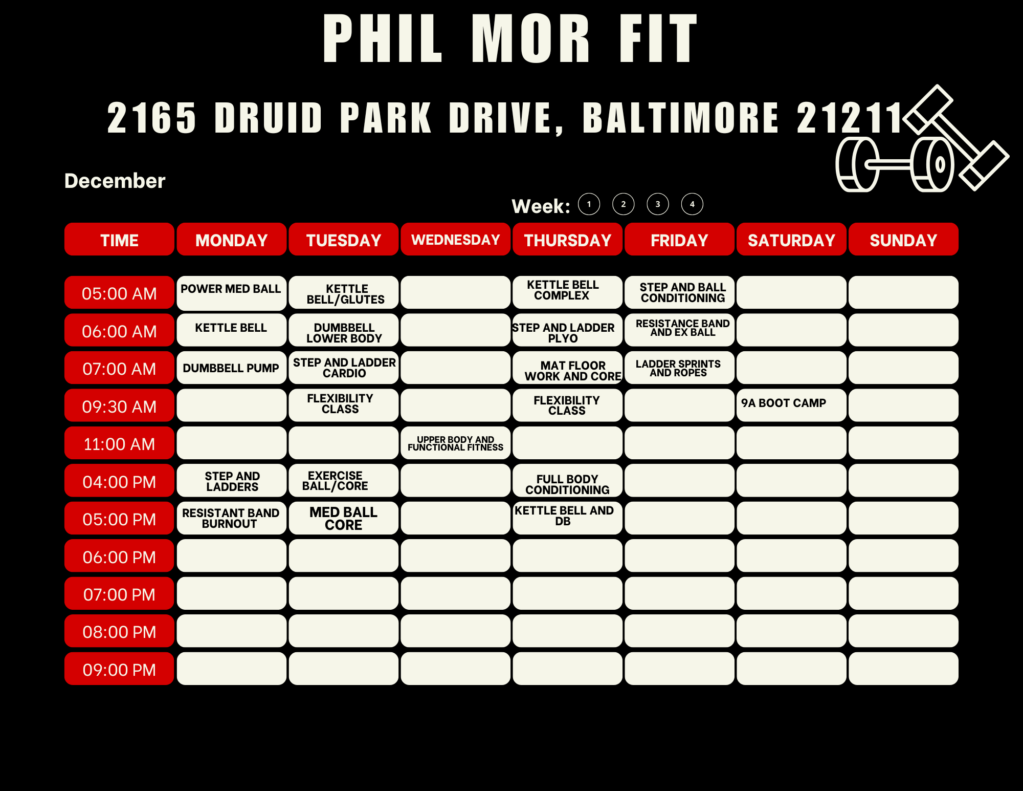 Weekly fitness schedule for Phil Mor Fit with classes from 5 am to 9 pm, Monday to Sunday, at Baltimore location.