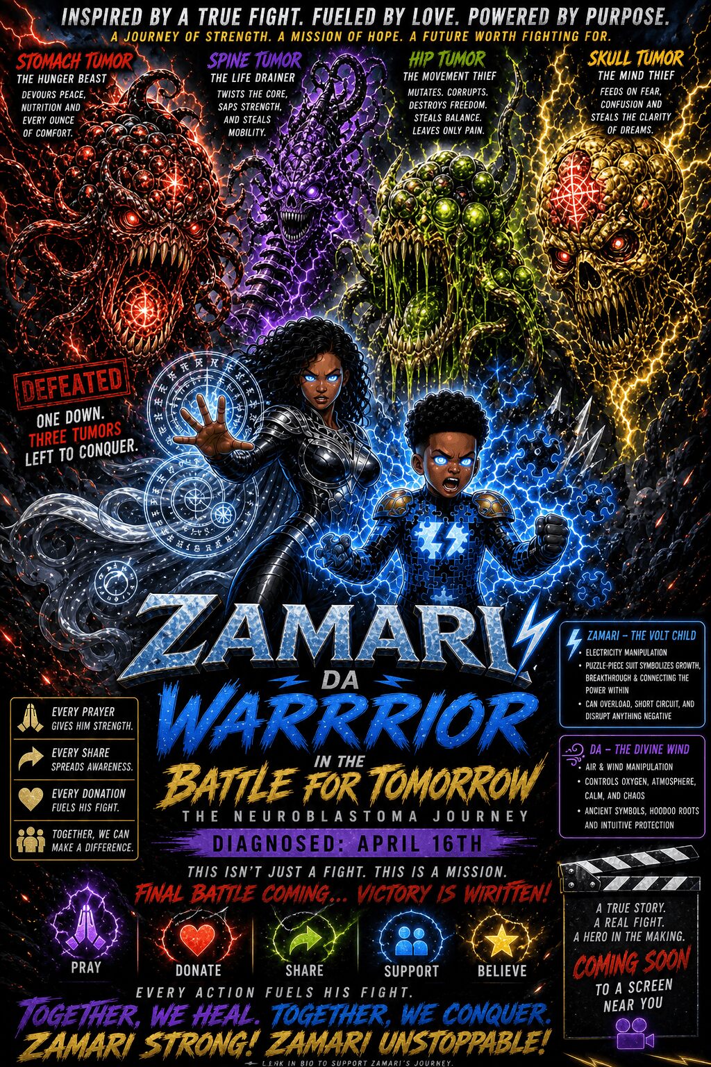 Two children in superhero costumes with glowing effects, surrounded by colorful, fierce monster faces and text about a battle for tomorrow.