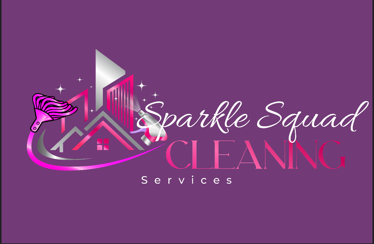 Logo with buildings, a shoe, and sparkles, with text 'Sparkle Squad Cleaning Services' on a purple background.