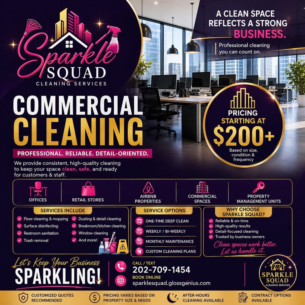 Business advertisement for Sparkle Squad cleaning services, highlighting commercial cleaning, pricing, and contact information, with office images in the background.