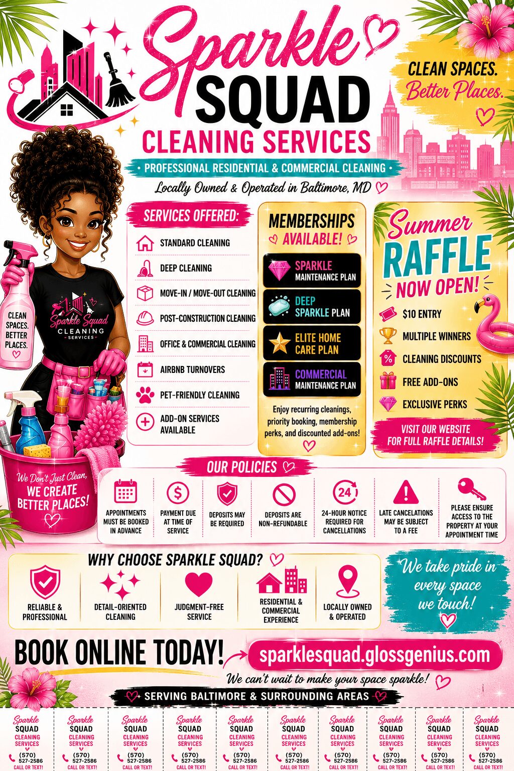 Bright colorful flyer for Sparkle Squad cleaning services with a woman holding cleaning supplies, summer raffle, and service details.