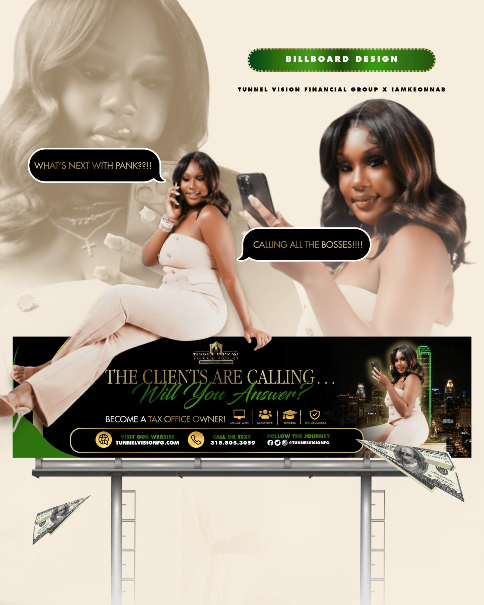 Billboard displaying a woman with dark hair, city skyline, and text about clients calling and business success.
