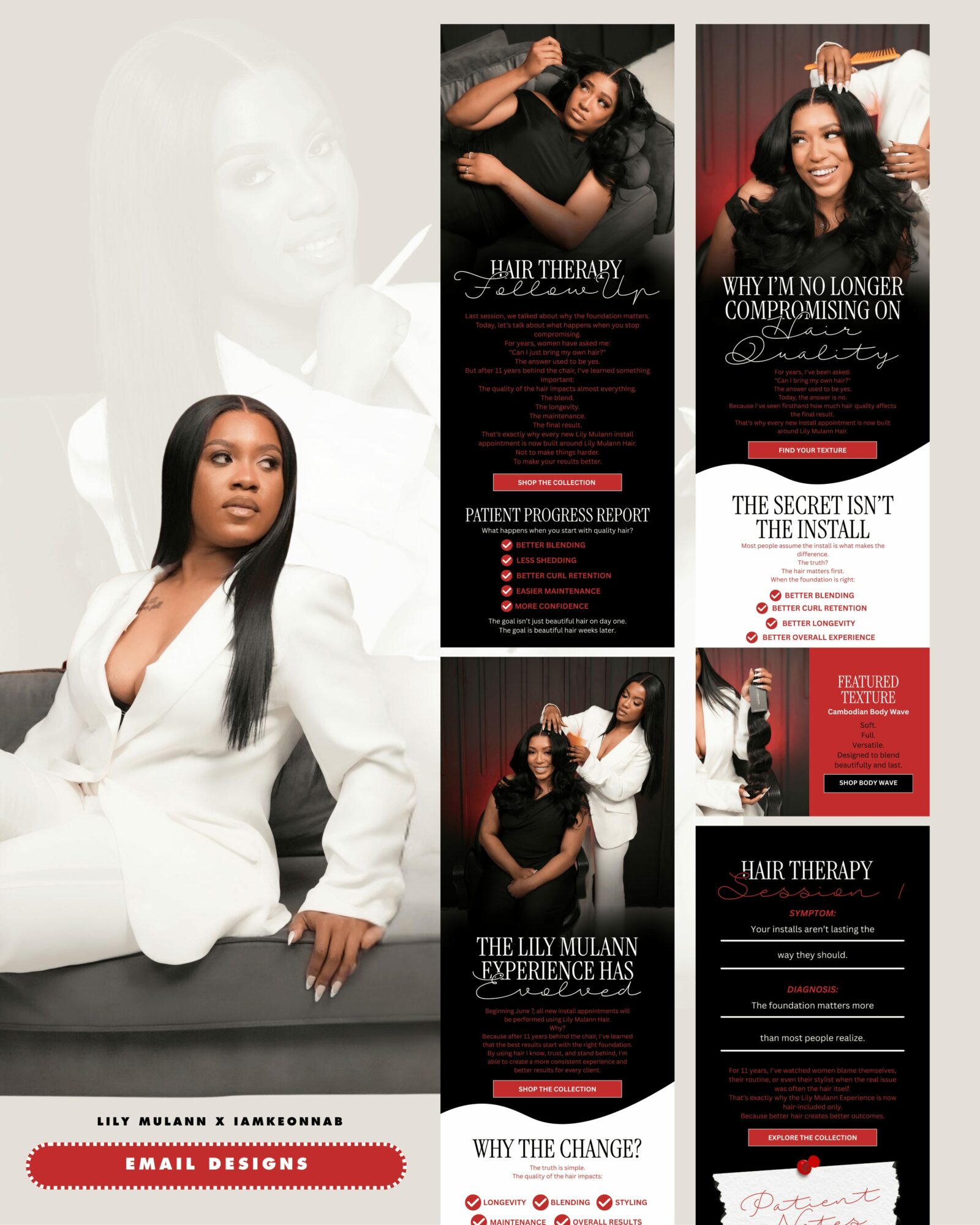 A woman in a white blazer sits with her hand on her chin, looking to the side, with promotional posters behind her.
