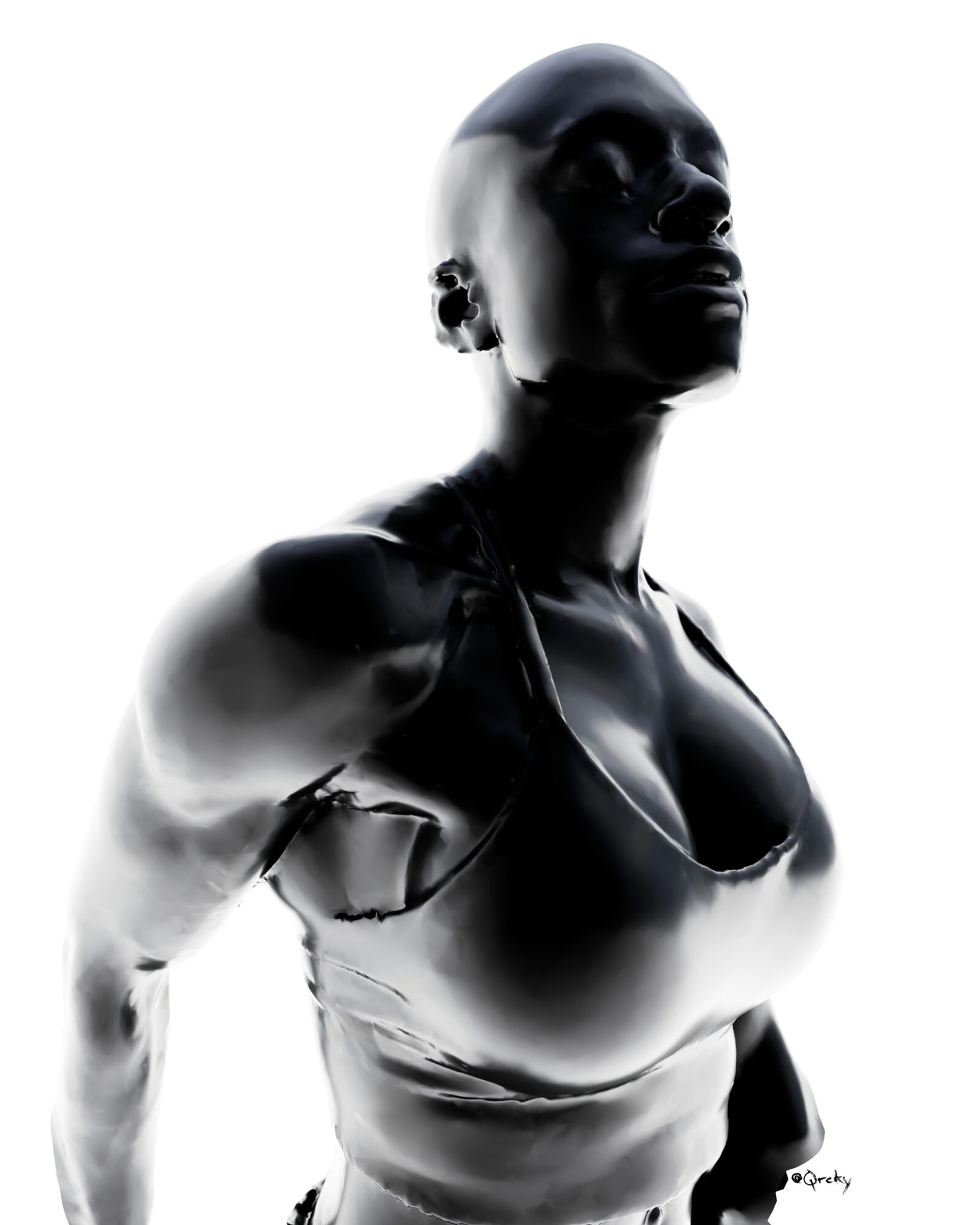 Black mannequin head and upper torso with a neutral background, facing slightly upward, in a stylized, high-contrast image.