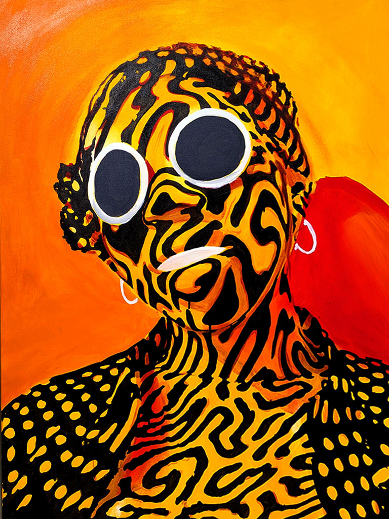 Portrait of a person with a zebra-like black and yellow face pattern, wearing large round sunglasses and a patterned shirt, against an orange background.
