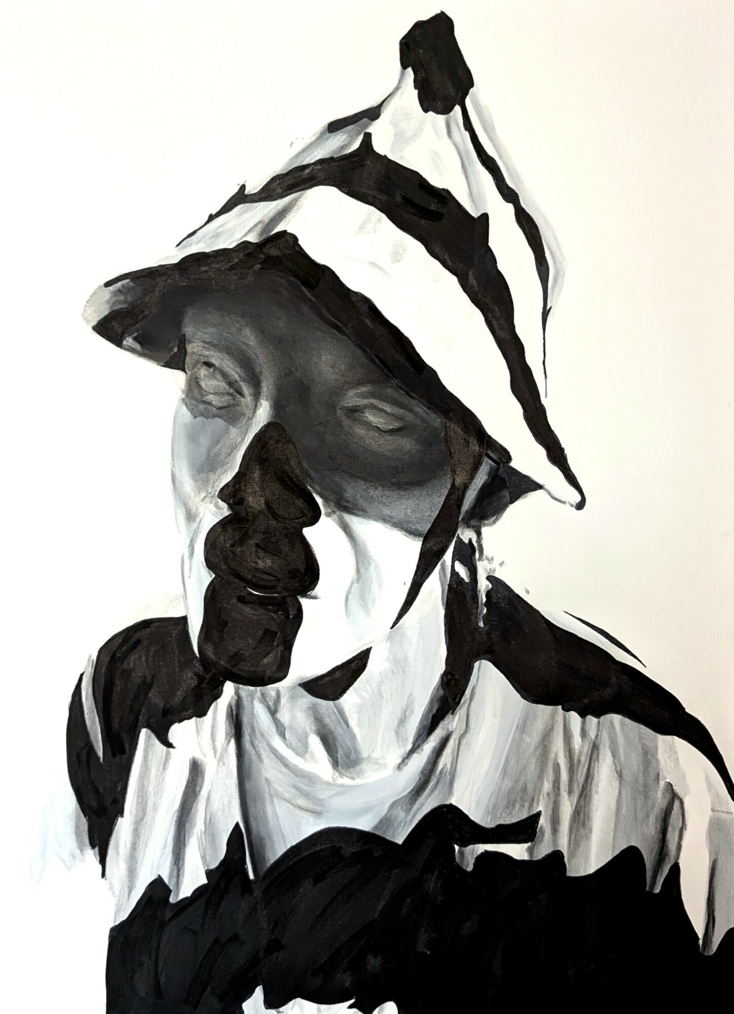 A black and white watercolor portrait of a person wearing a hat, with a serious expression and abstract clothing details.
