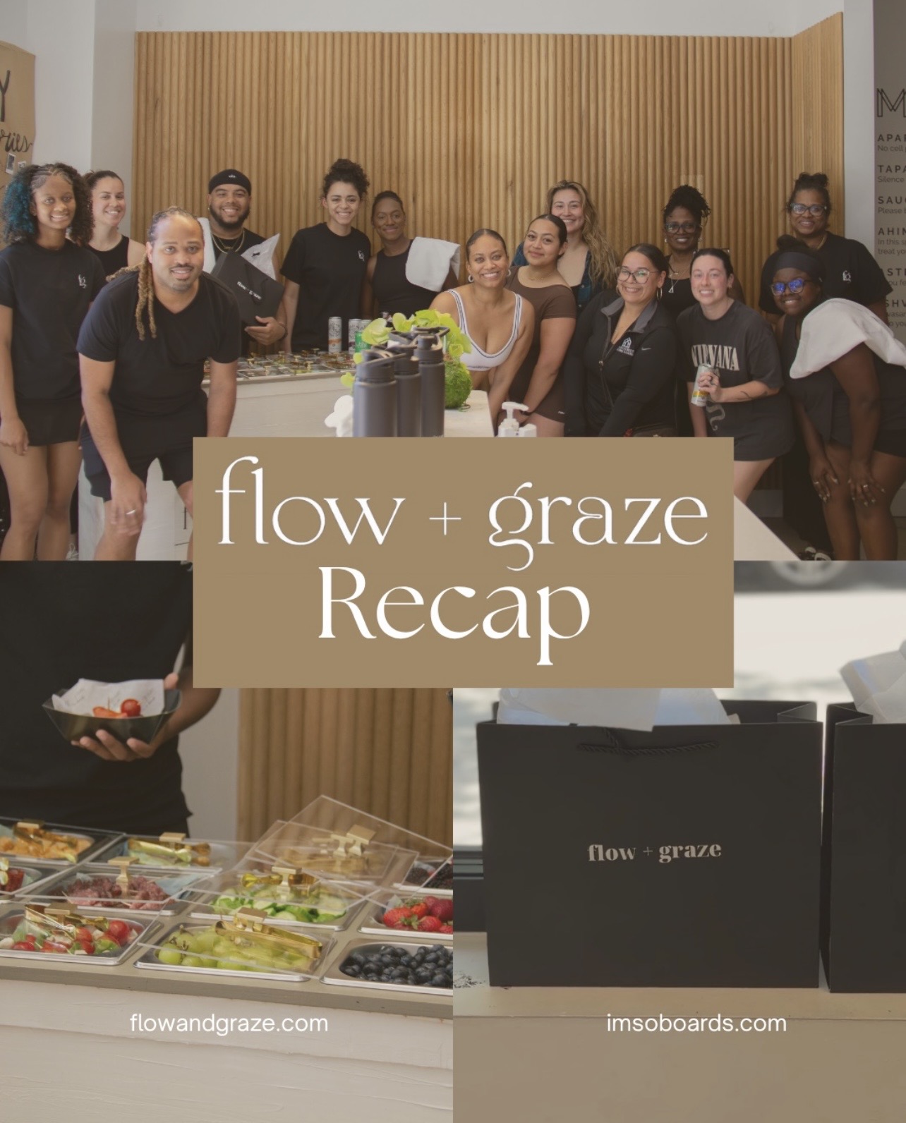 Group of people gathered around a table with food, smiling, in a room with wooden paneling, with a sign reading 'flow + graze Recap'.