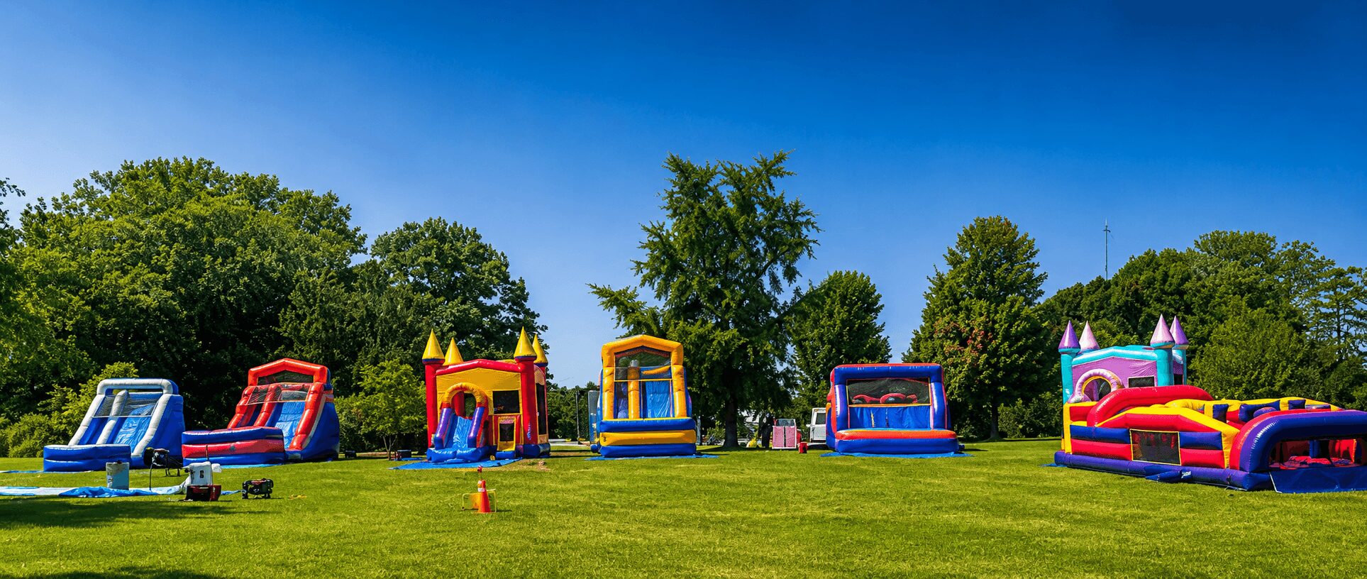 Multiple colorful inflatable bounce houses and slides set up on a grassy field with trees and a blue sky.