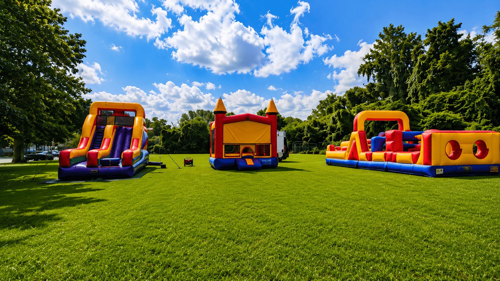 Three colorful inflatable bounce houses on a grassy field with trees and a blue sky with clouds.