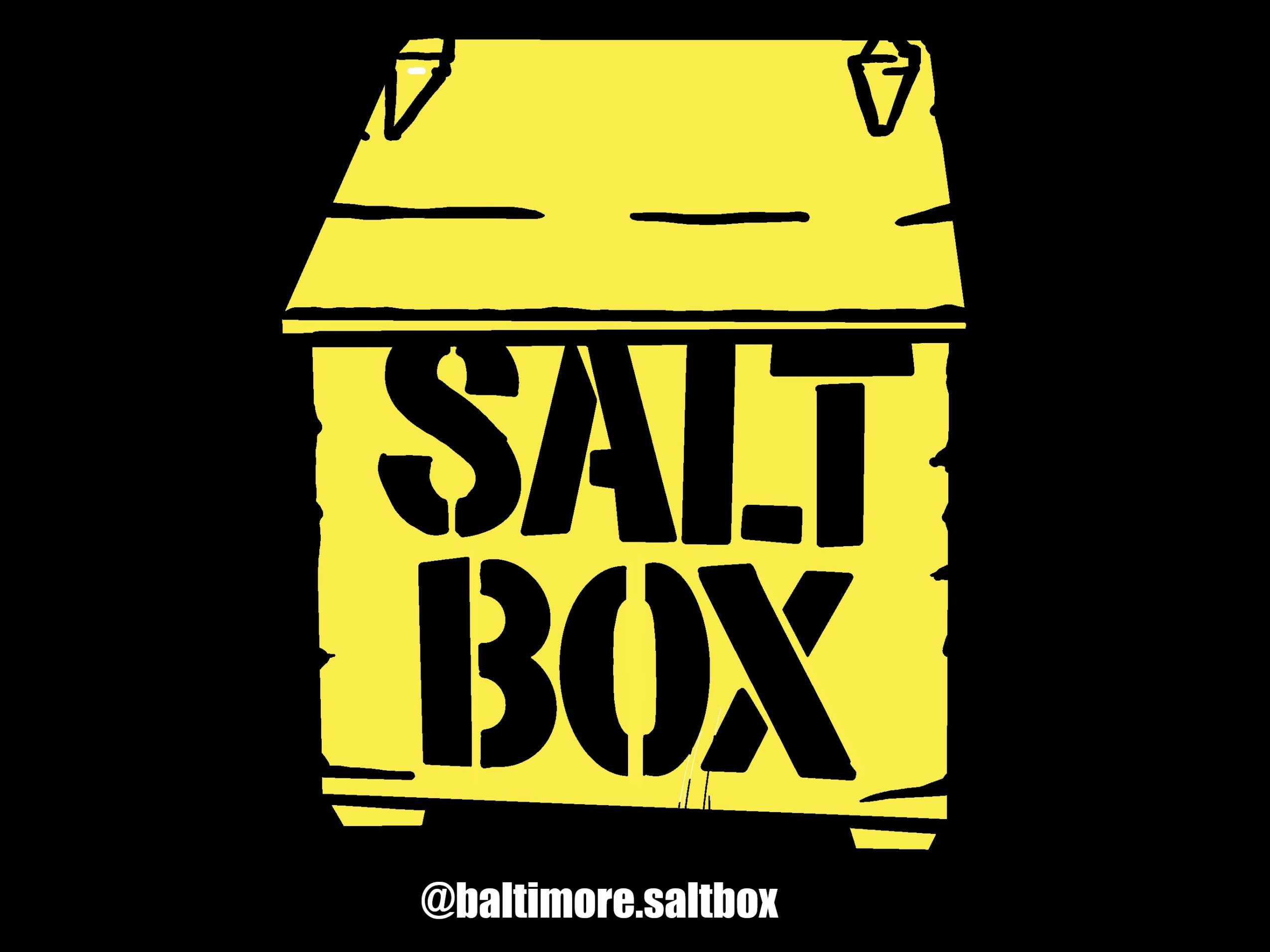 Yellow salt box with black text and a black background, hashtag @baltimore.saltbox below.
