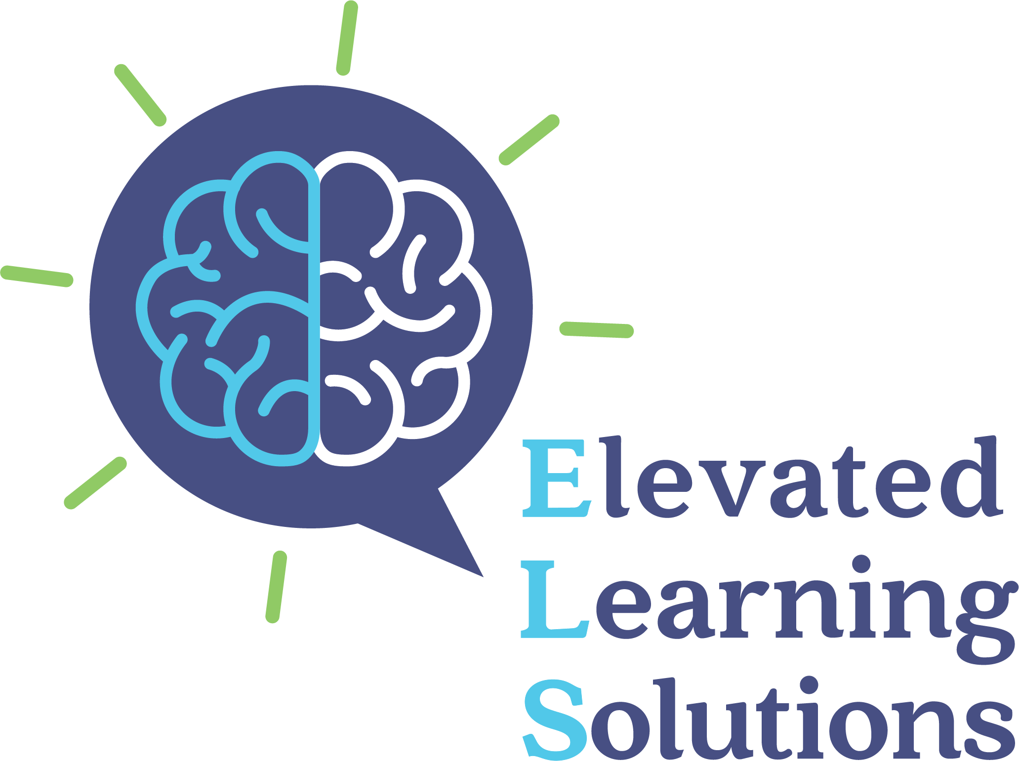 Logo with a brain inside a speech bubble, surrounded by green lines, and the text 'Elevated Learning Solutions'.