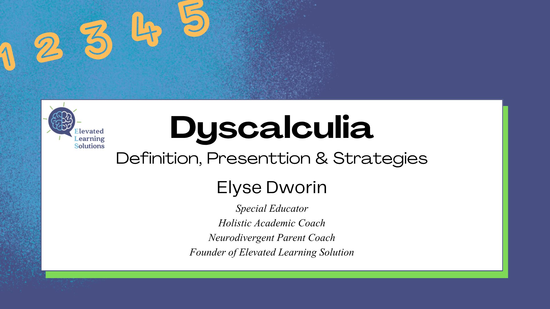 Educational presentation slide about Duscalculia, including definition, strategies, and presenter details.