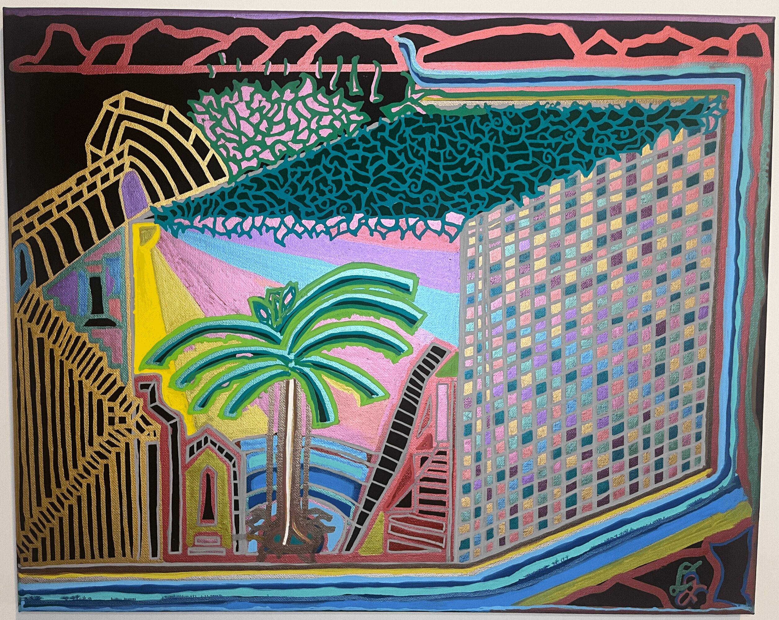 Colorful abstract landscape with a palm tree, buildings, and a body of water, in vibrant geometric shapes and patterns.