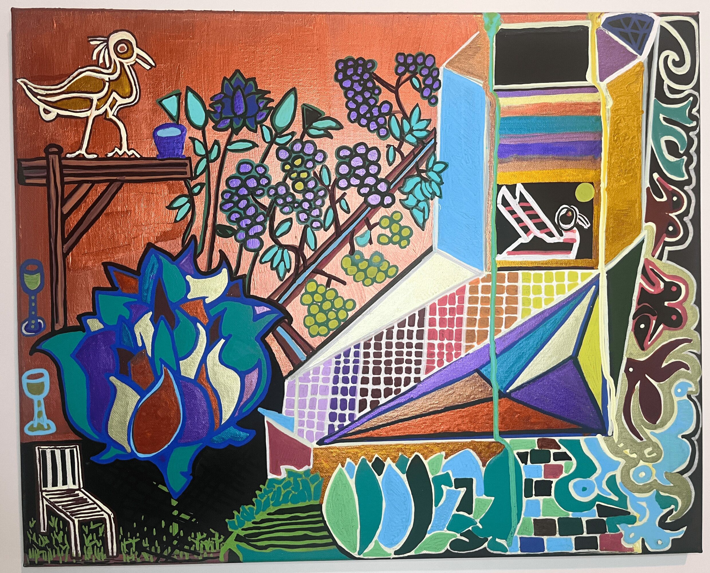 Colorful abstract painting with flowers, books, and geometric shapes, featuring a bird sculpture and a large blue flower in the foreground.