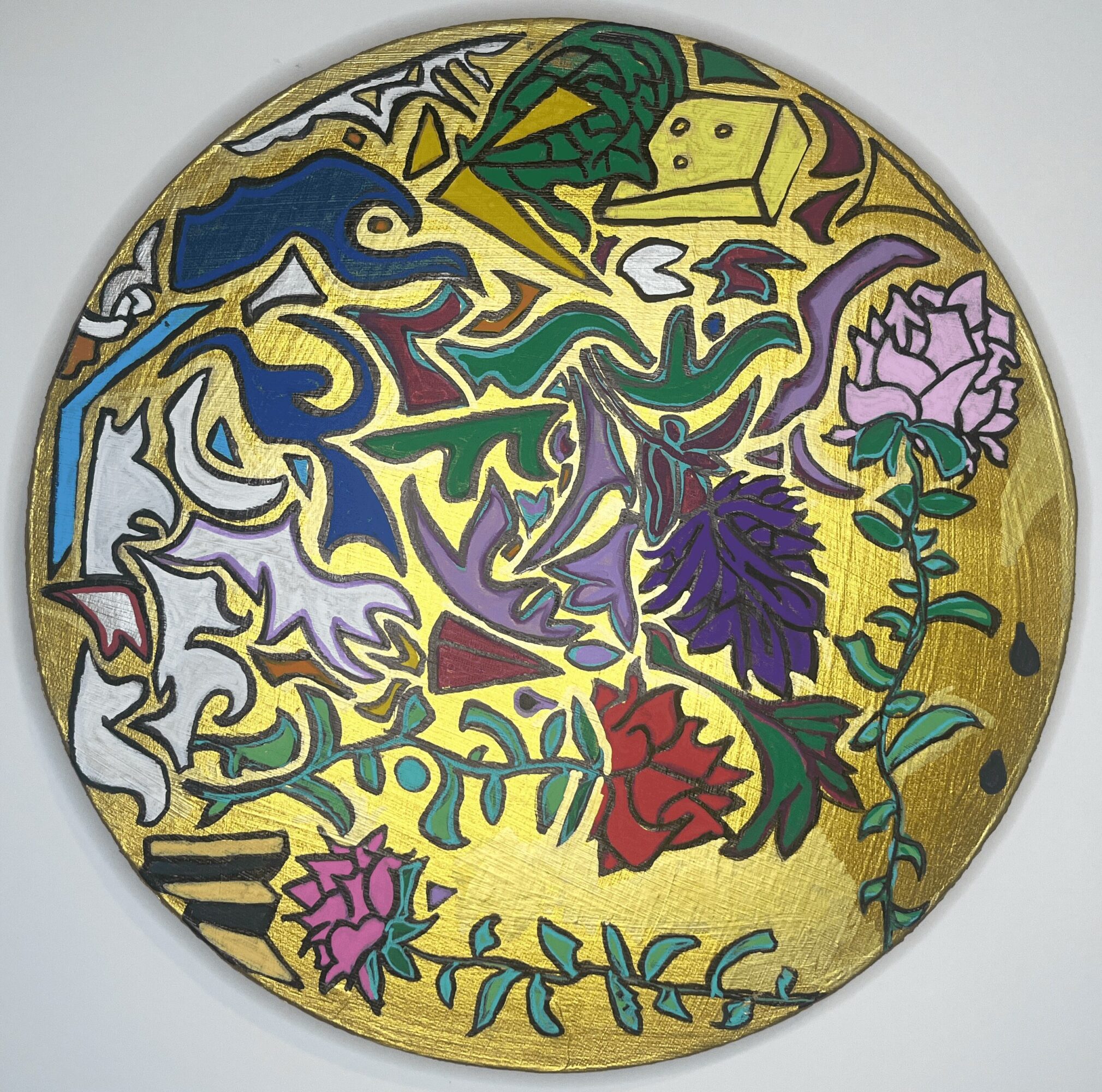 Colorful abstract design with flowers, leaves, and intricate patterns in various colors on a circular surface.