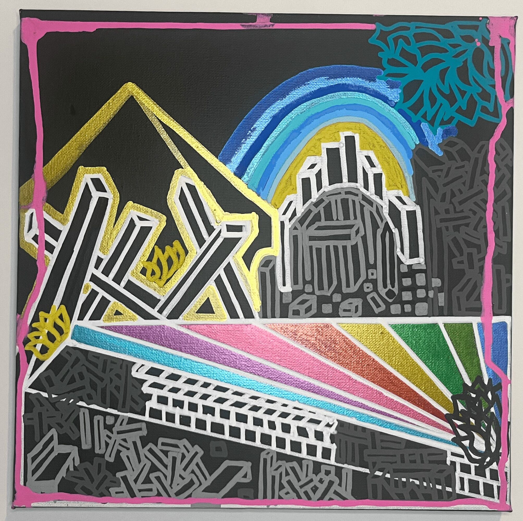 Colorful abstract cityscape with rainbow, geometric buildings, and a rainbow-colored streak, framed by a pink border.