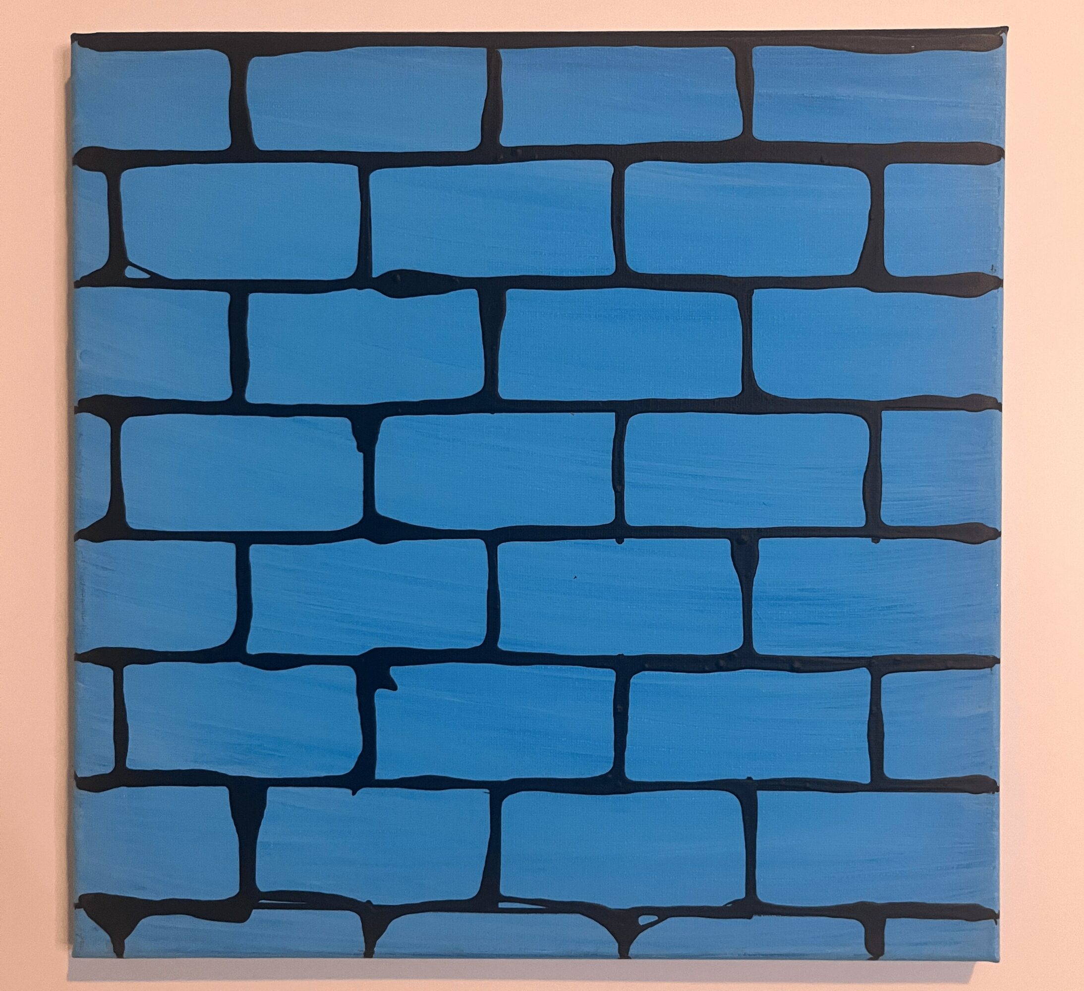 Painting of a blue brick wall with black outlines, square shape, on a pink background.