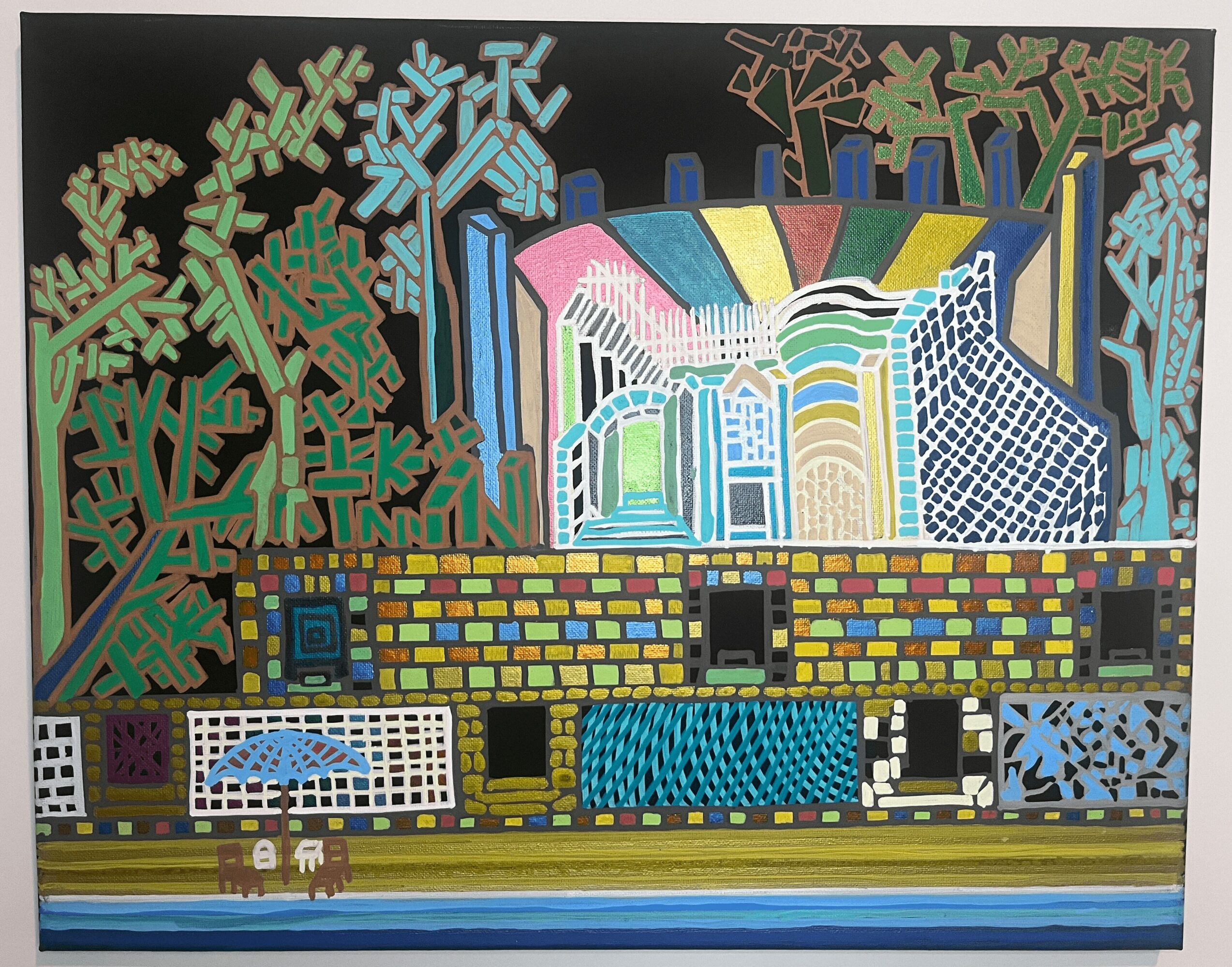Colorful abstract cityscape with buildings, trees, and a bright sky, featuring geometric patterns and vibrant colors.