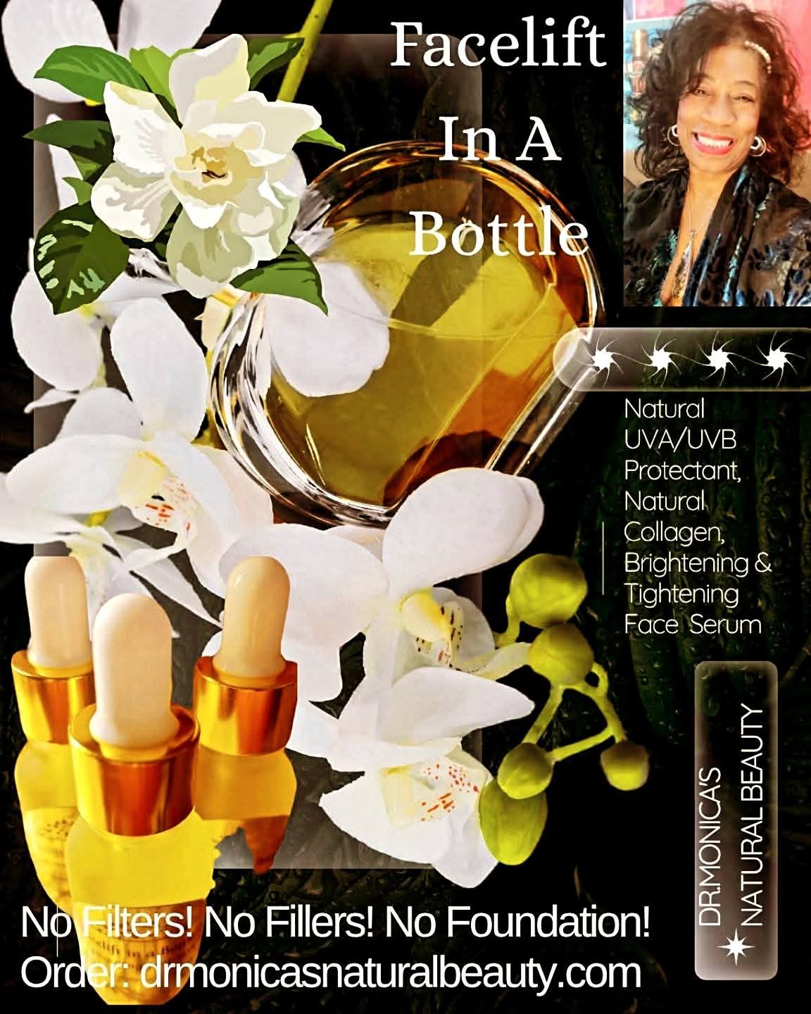 A woman with curly hair smiling, white flowers, skincare bottles, and text about a face serum and beauty products.